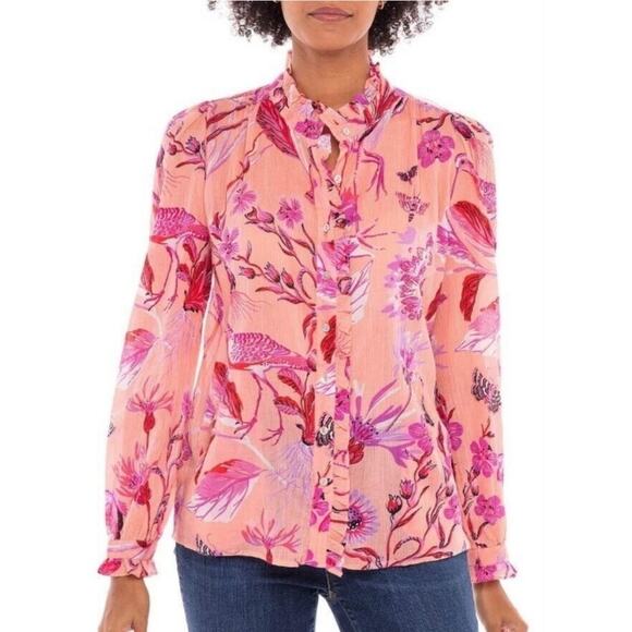 Banjanan Chrissie Buttondown Shirt in Jubilee Tropical Pink Bird Print Size XXL - Picture 1 of 7